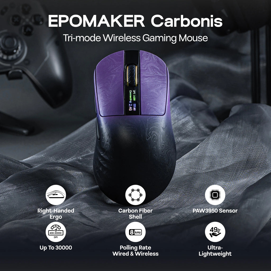 EPOMAKER Carbonis Tri-mode Wireless PAW3950 Sensor Gaming Mouse 8K Polling Rate & 30K DPI Ergonomic Mouse with Digital Display